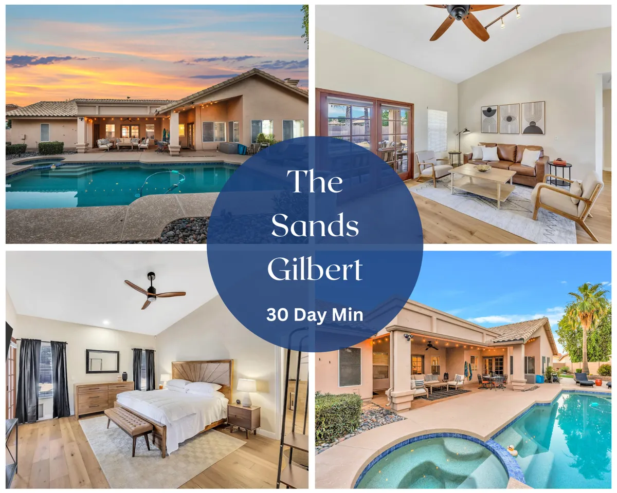 The image showcases the backyard of a stylish single-family home in Gilbert, Arizona, featuring a sparkling heated swimming pool surrounded by inviting outdoor seating. The scene is set at sunset, with vibrant colors in the sky reflecting off the water, and comfortable lounge furnishings that hint at memorable gatherings or peaceful evenings under the stars.